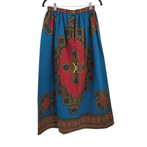 Vtg 70's Womens Skirt Handmade Full Maxi Medallion Psychedelic Fanfare Teal Sz X - Picture 5 of 9